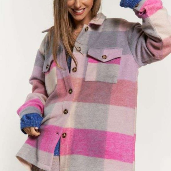 new DAVI N DANI PINK PLAID SHACKET JACKET SHIRT western boho shabby Chic SM-3X - Picture 2 of 8